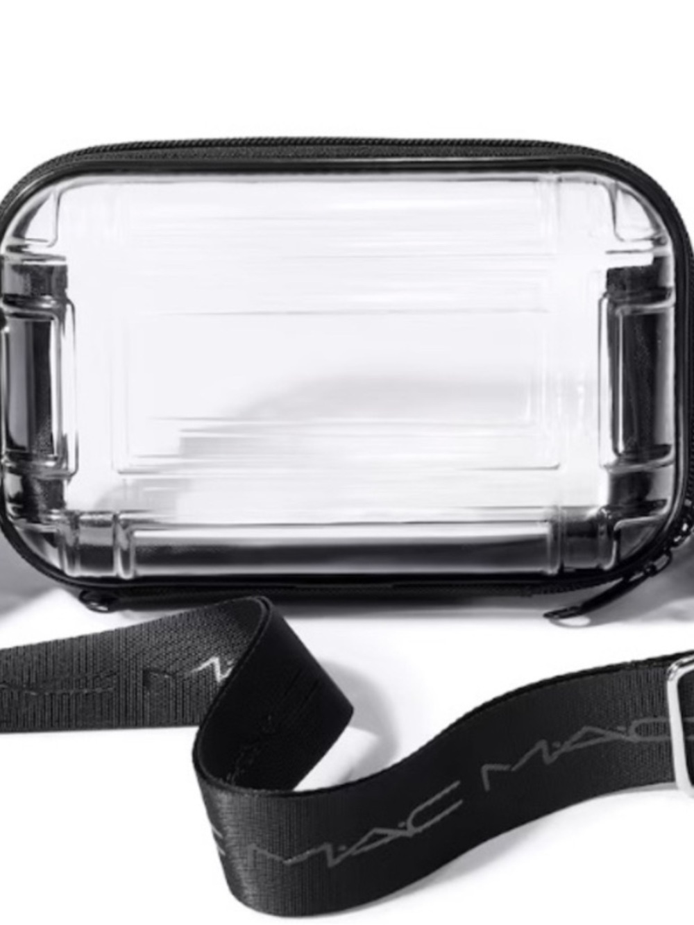 MAC Cosmetics Clear Hard Cosmetic Bag with Black Trim crossbody Strap